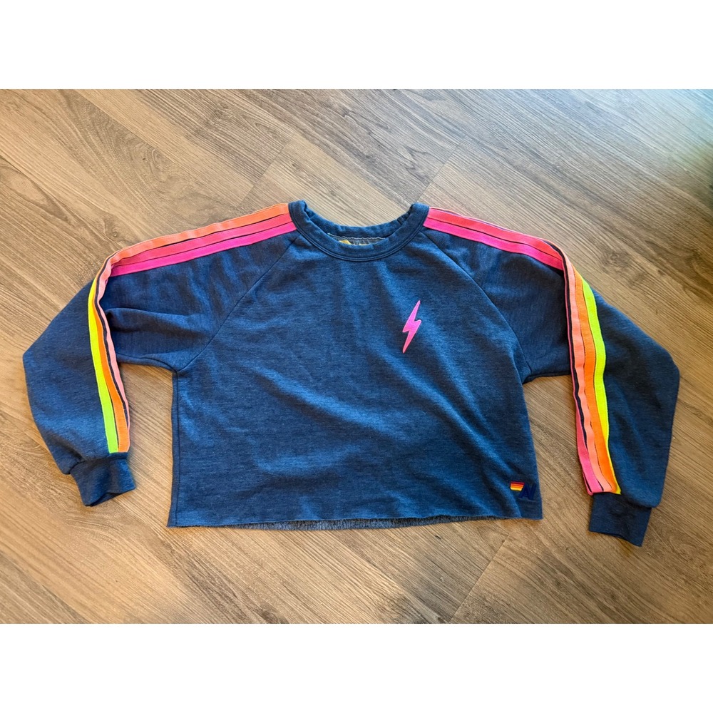 Aviator Nation Sweatshirt Womens Medium Blue Neon Stripe Lightning Bolt Cropped